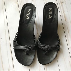 Mia Black Leather Slip On Sandals